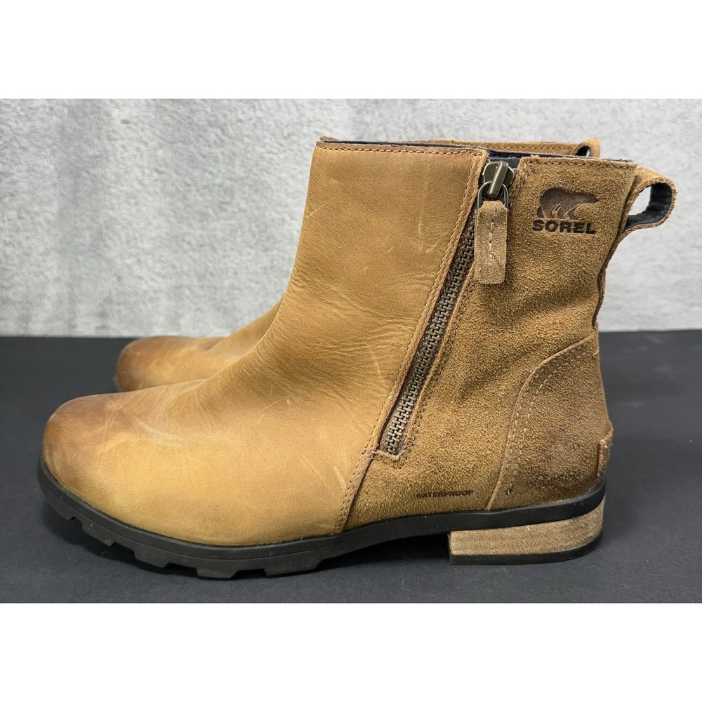 Sorel Emelie Camel Brown Leather Zip Ankle Boots Women's Size 10.5 3312-224